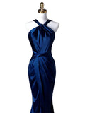 Flytonn-Cyber Monday Christmas party outfits Sexy Mermaid High Neckline Navy Blue Satin Evening Dress Long Prom Dresses Party Dress With Ruffles C3231