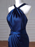 Flytonn-Cyber Monday Christmas party outfits Sexy Mermaid High Neckline Navy Blue Satin Evening Dress Long Prom Dresses Party Dress With Ruffles C3231