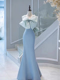 Flytonn-Cyber Monday Christmas party outfits Elegant Mermaid One Shoulder Light Sky Blue Satin Bow Long Prom Dress Evening Dress C3235