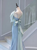 Flytonn-Cyber Monday Christmas party outfits Elegant Mermaid One Shoulder Light Sky Blue Satin Bow Long Prom Dress Evening Dress C3235