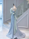 Flytonn-Cyber Monday Christmas party outfits Elegant Mermaid One Shoulder Light Sky Blue Satin Bow Long Prom Dress Evening Dress C3235