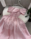 Flytonn-Cyber Monday Christmas party outfits Cute A Line Off The Shoulder Pink Long Satin Beads Long Prom Dresses Party Dress C3283