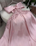 Flytonn-Cyber Monday Christmas party outfits Cute A Line Off The Shoulder Pink Long Satin Beads Long Prom Dresses Party Dress C3283