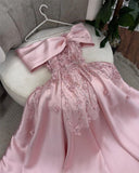 Flytonn-Cyber Monday Christmas party outfits Cute A Line Off The Shoulder Pink Long Satin Beads Long Prom Dresses Party Dress C3283