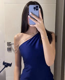 Flytonn-Cyber Monday Christmas party outfits Classy Sheath One Shoulder Royal Blue Long Pleated Party Dress Prom Dresses Evening Dress C3288