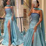 Flytonn-Cyber Monday Christmas party outfits Sexy Mermaid Strapless Blue Prom Dress With Beads Long Satin Prom Dresses Party Dress C3292