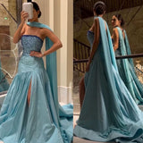 Flytonn-Cyber Monday Christmas party outfits Sexy Mermaid Strapless Blue Prom Dress With Beads Long Satin Prom Dresses Party Dress C3292