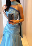 Flytonn-Cyber Monday Christmas party outfits Sexy Mermaid Strapless Blue Prom Dress With Beads Long Satin Prom Dresses Party Dress C3292