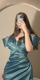 Flytonn-Cyber Monday Christmas party outfits Sexy Mermaid Off The Shoulder Blue Prom Dress With Pleated Long Satin Prom Dresses Party Dress C3295