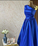 Flytonn-Cyber Monday Christmas party outfits Classy A Line One Shoulder Royal Blue Pleated Party Dress Prom Dresses Evening Dress C3298