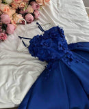 Flytonn-Cyber Monday Christmas party outfits Classy A Line Spaghetti Straps Royal Blue Flowers Party Dress Prom Dresses Evening Dress C3301