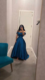 Flytonn-Cyber Monday Christmas party outfits Sexy A line Off The Shoulder Blue Prom Dress With Pleated Long Satin Prom Dresses Party Dress C3302