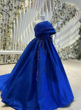 Flytonn-Cyber Monday Christmas party outfits Sexy Ball Gown Strapless Royal Blue Prom Dress With Pleated Long Satin Prom Dresses Party Dress C3303