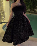 Flytonn-Cyber Monday Christmas party outfits Sexy Ball Gown Strapless Black Sequin Prom Dress Long Prom Dresses Party Dress With Feather C3315