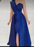 Flytonn-Cyber Monday Christmas party outfits Classy A line One Shoulder Royal Blue Satin Long Party Dress Prom Dresses Evening Dress C3319