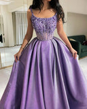 Flytonn-Cyber Monday Christmas party outfits Classy A Line Spaghetti Straps Lilac Satin Long Party Dress Prom Dresses Evening Dress C3328