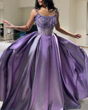 Flytonn-Cyber Monday Christmas party outfits Classy A Line Spaghetti Straps Lilac Satin Long Party Dress Prom Dresses Evening Dress C3328