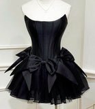 Flytonn-back to school outfits Chic A line Black Strapless Short Homecoming Dress Satin Party Dress C580