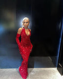 Flytonn-Cyber Monday Christmas party outfits Sexy Mermaid Halter Red Sequin Long Prom Dress With Gloves C949