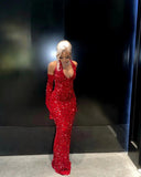 Flytonn-Cyber Monday Christmas party outfits Sexy Mermaid Halter Red Sequin Long Prom Dress With Gloves C949