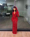 Flytonn-Cyber Monday Christmas party outfits Sexy Mermaid Halter Red Sequin Long Prom Dress With Gloves C949