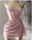 Flytonn-back to school outfits Sexy Sheath Strapless Pink Sequin Homecoming Dresses Short Birthday Outfits C2607