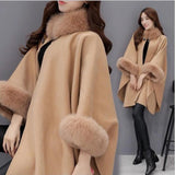 Flytonn-Elegant Women Winter Coats Batwing Fluffy Sleeve Cape Jacket Lady Woolen Overcoat Cape Fox Fur Collar Warm Ponchos Feminino