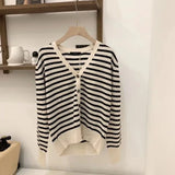 Flytonn-Autumn and winter cashmere knitted Cardigan woman v-neck loose show thin stripe wool coat Korean version of the age-reducing jac