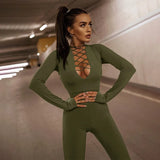 Flytonn Shoulder Pads Long Sleeve Jumpsuit Women Summer Cross Bandage Sexy Jumpsuits Femme Black V-Neck Bodycon Overalls