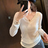 Flytonn-2021 autumn and winter western style new V-neck top women's slim knit bottom top white wool sweater winter