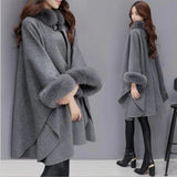 Flytonn-Elegant Women Winter Coats Batwing Fluffy Sleeve Cape Jacket Lady Woolen Overcoat Cape Fox Fur Collar Warm Ponchos Feminino