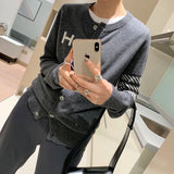 Flytonn-Europe station cashmere cardigan women's loose H-letter jacquard thin knitted jacket sweater slim round neck sweater