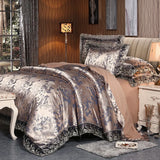FLYTONN-4 Pieces Silver Brown Luxury Satin Cotton Lace Bedding sets Double Queen King size bedding duvet cover bed sheet set Pillowcases