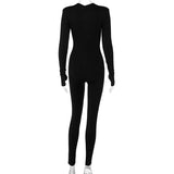 Flytonn Shoulder Pads Long Sleeve Jumpsuit Women Summer Cross Bandage Sexy Jumpsuits Femme Black V-Neck Bodycon Overalls