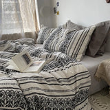 FLYTONN-White Black Geometric Stripe Boho Duvet Cover Set Queen King 4pcs Yarn Dyed Wasehed Cotton Comforter Cover Bed Sheet Pillowcases