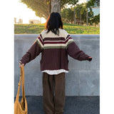 college outfits American Retro Twist Sweater Women's Autumn and Winter Lazy Style Loose Cardigan Striped Contrast Color Double Zipper Sweater Coat