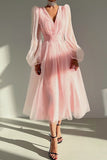 Flytonn- V Neck Tulle Long Sleeve Midi Dress