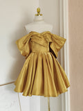 Flytonn-Valentines Gift party dress Sexy A line Off The Shoulder Yellow Satin Travel Vacation Dresses Short Birthday Dress Fly1249