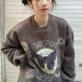 1980s fashion trends American Retro Butterfly Print Fleece-lined Dark Gray Sweater Female Students Autumn and Winter Loose round Neck Pullover Top