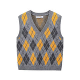 1980s fashion trends 2024 Autumn and Winter Preppy Style V-neck Sleeveless Diamond Pattern Jacquard Knitted Vest