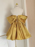 Flytonn-Valentines Gift party dress Sexy A line Off The Shoulder Yellow Satin Travel Vacation Dresses Short Birthday Dress Fly1249