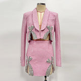 fall 2024 fashion trends High-Grade Suit Women's 2024 Light Luxury Beaded Rhinestone Bow Houndstooth Coat Skirt Two-Piece Set