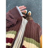 college outfits American Retro Twist Sweater Women's Autumn and Winter Lazy Style Loose Cardigan Striped Contrast Color Double Zipper Sweater Coat