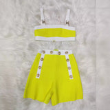 fall 2024 fashion trends Women's New Bright Yellow Bandage Dress Suit Gold Lion Button Small Top Shorts Retro