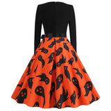 pretty halloween costumes Hot Sale Hepburn Vintage Halloween Printed V-neck Stitching Long Sleeve Large Swing Dress Free Ribbon