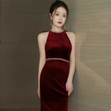 christmas outfit men Bridal Dress Wine Red High-Grade Niche Velvet Fishtail Elegant Halter Engagement Wedding Evening Dress for Women