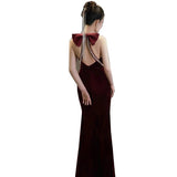 christmas outfit men Bridal Dress Wine Red High-Grade Niche Velvet Fishtail Elegant Halter Engagement Wedding Evening Dress for Women