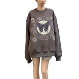 1980s fashion trends American Retro Butterfly Print Fleece-lined Dark Gray Sweater Female Students Autumn and Winter Loose round Neck Pullover Top