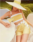 fall 2024 fashion trends Women's New Bright Yellow Bandage Dress Suit Gold Lion Button Small Top Shorts Retro