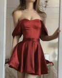 Flytonn-back to school outfits Chic A line Off The Shoulder Burgundy Satin Short Party Dresses Homecoming Dresses BD2490